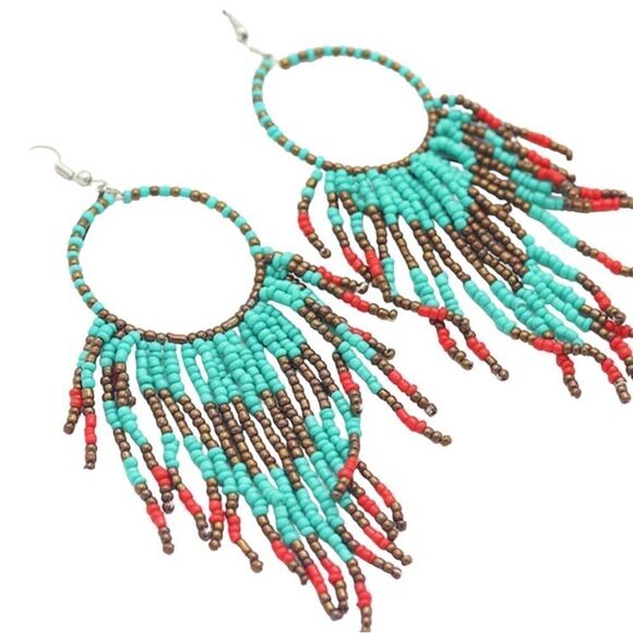 Boho Fringe Seed Bead Dangle Hoop Statement Festival Earrings Turquoise Bronze - Picture 2 of 3